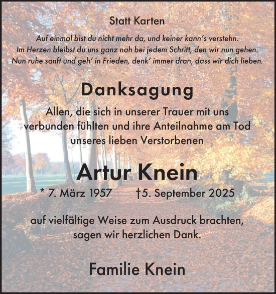 Traueranzeige von Artur Knein von WochenSpiegel