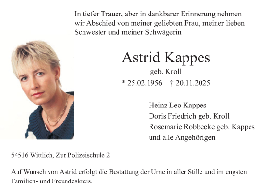Traueranzeige von Astrid Kappes von WochenSpiegel