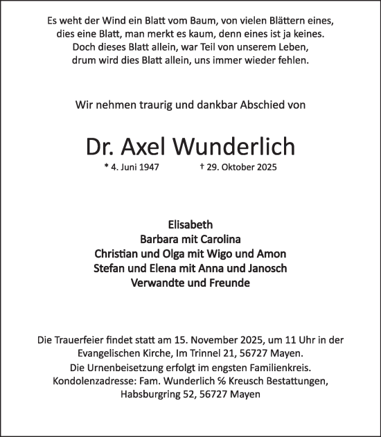 Traueranzeige von Axel Wunderlich von WochenSpiegel