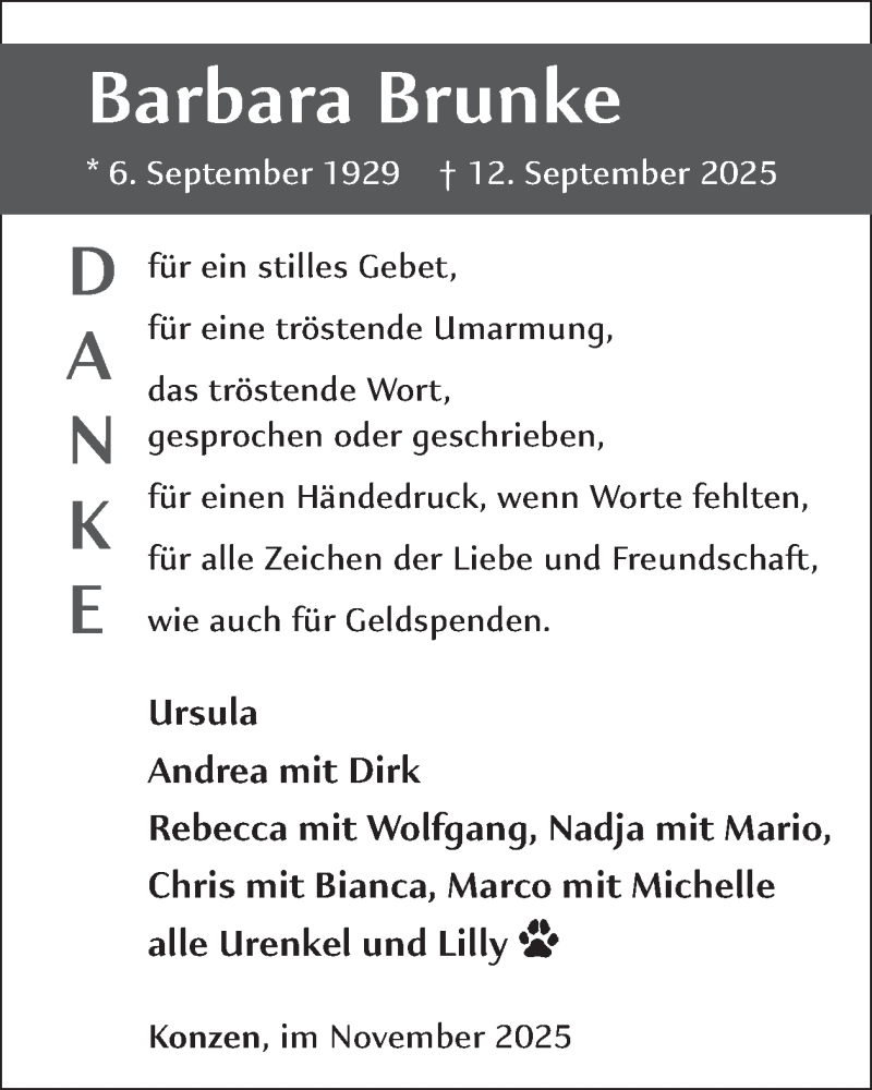  Traueranzeige für Barbara Brunke vom 19.11.2025 aus WochenSpiegel