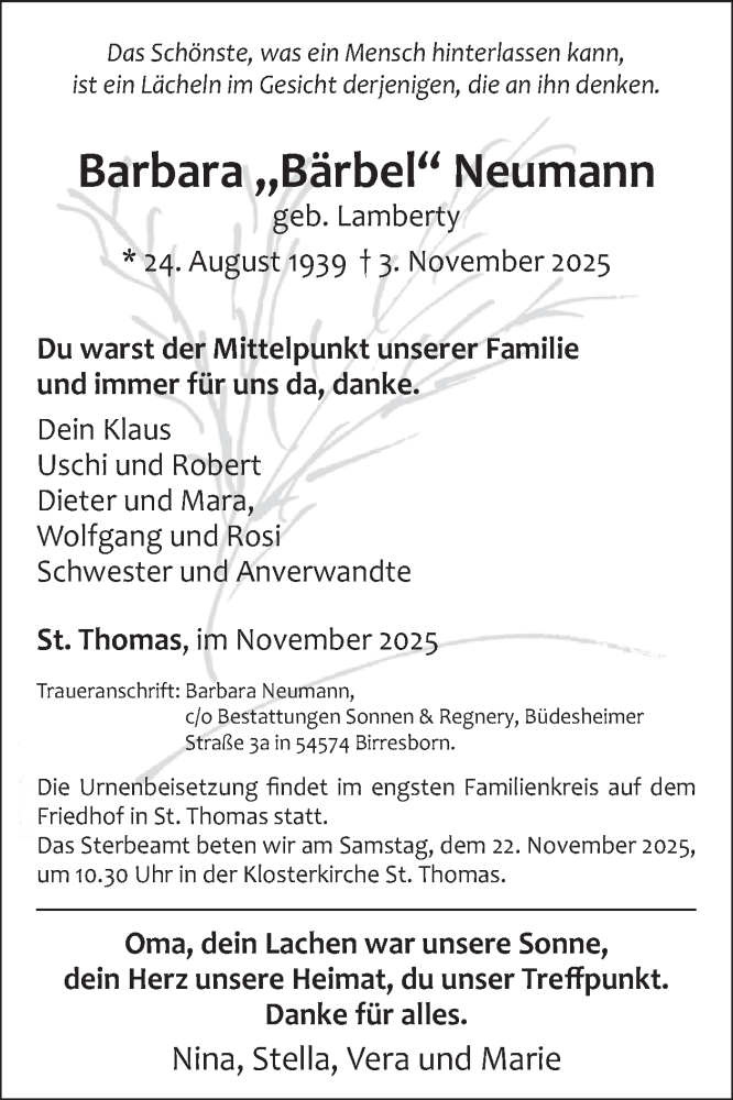  Traueranzeige für Barbara Neumann vom 14.11.2025 aus WochenSpiegel