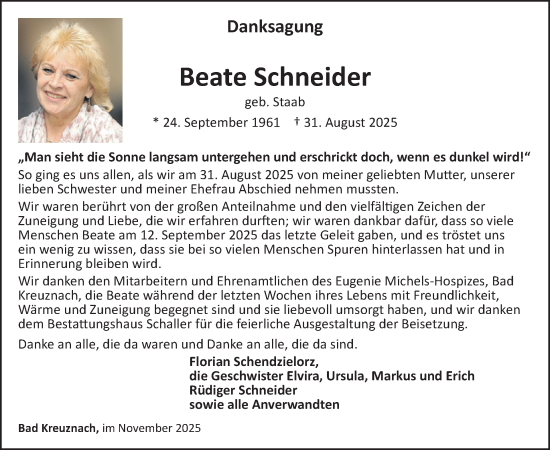 Traueranzeige von Beate Schneider von WochenSpiegel