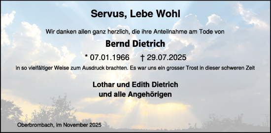 Traueranzeige von Bernd Dietrich von WochenSpiegel