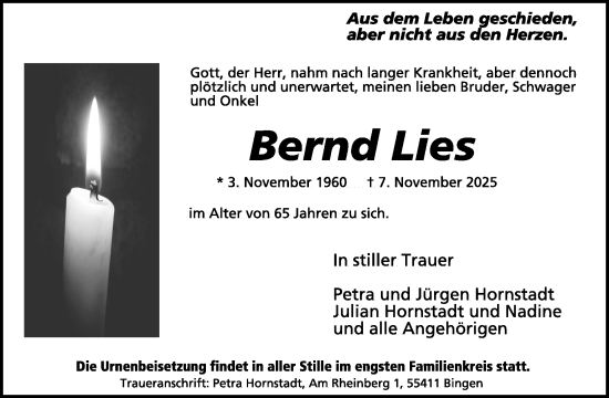 Traueranzeige von Bernd Lies von WochenSpiegel