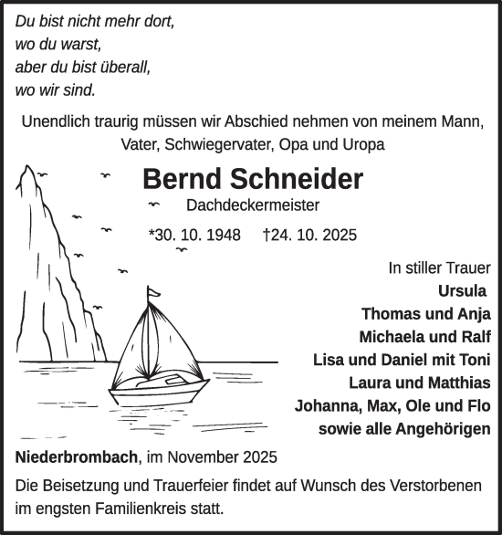 Traueranzeige von Bernd Schneider von WochenSpiegel