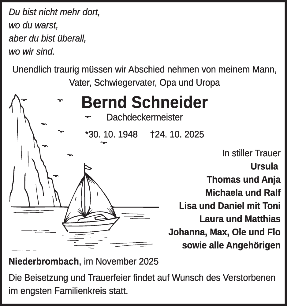  Traueranzeige für Bernd Schneider vom 08.11.2025 aus WochenSpiegel