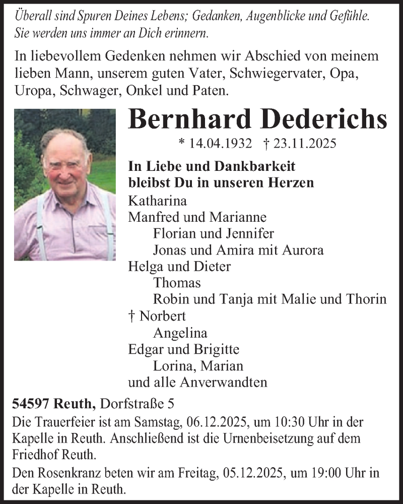  Traueranzeige für Bernhard Dederichs vom 29.11.2025 aus WochenSpiegel