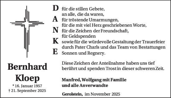 Traueranzeige von Bernhard Kloep von WochenSpiegel