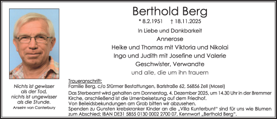 Traueranzeige von Berthold Berg von WochenSpiegel