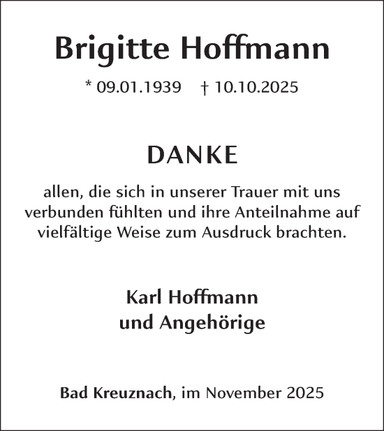 Traueranzeige von Brigitte Hoffmann von WochenSpiegel