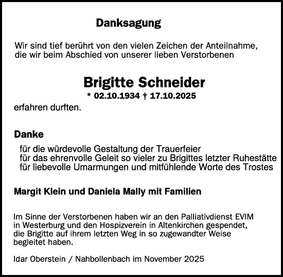 Traueranzeige von Brigitte Schneider von WochenSpiegel