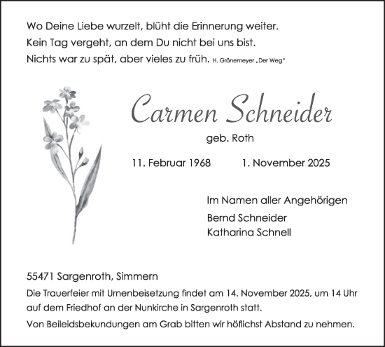 Traueranzeige von Carmen Schneider von WochenSpiegel