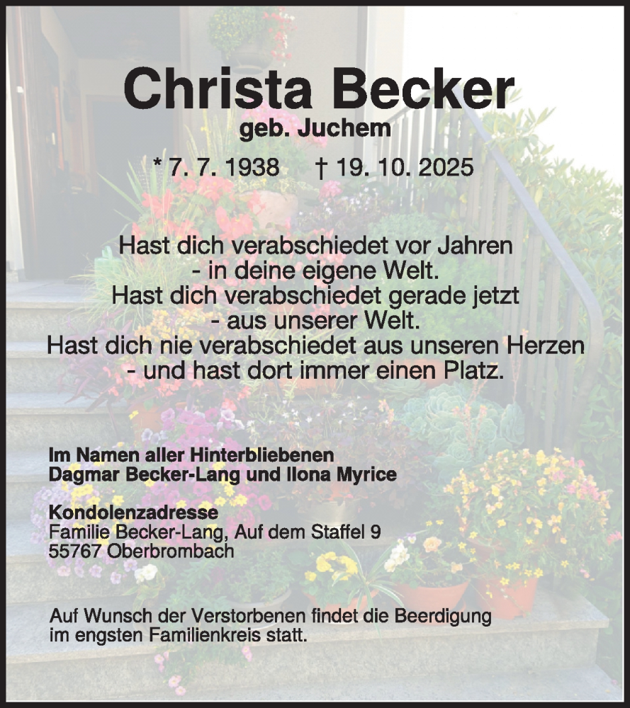  Traueranzeige für Christa Becker vom 15.11.2025 aus WochenSpiegel