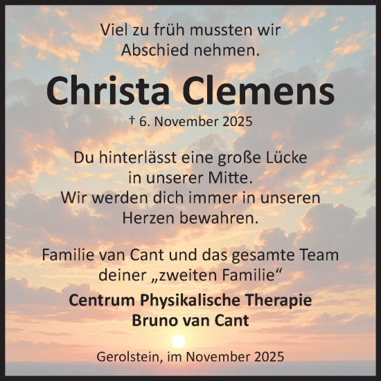 Traueranzeige von Christa Clemens von WochenSpiegel