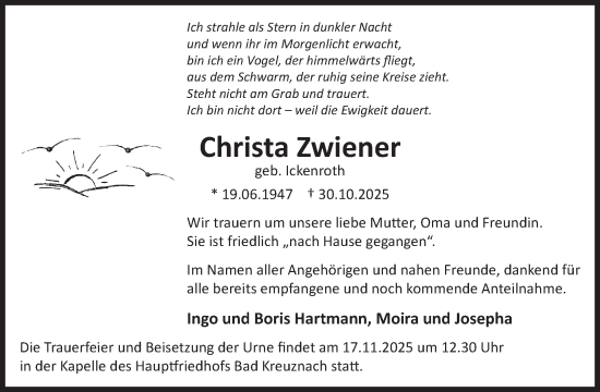 Traueranzeige von Christa Zwiener von WochenSpiegel