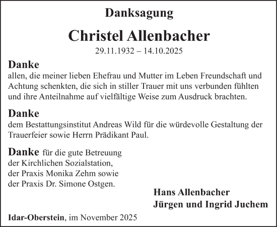Traueranzeige von Christel Allenbacher von WochenSpiegel
