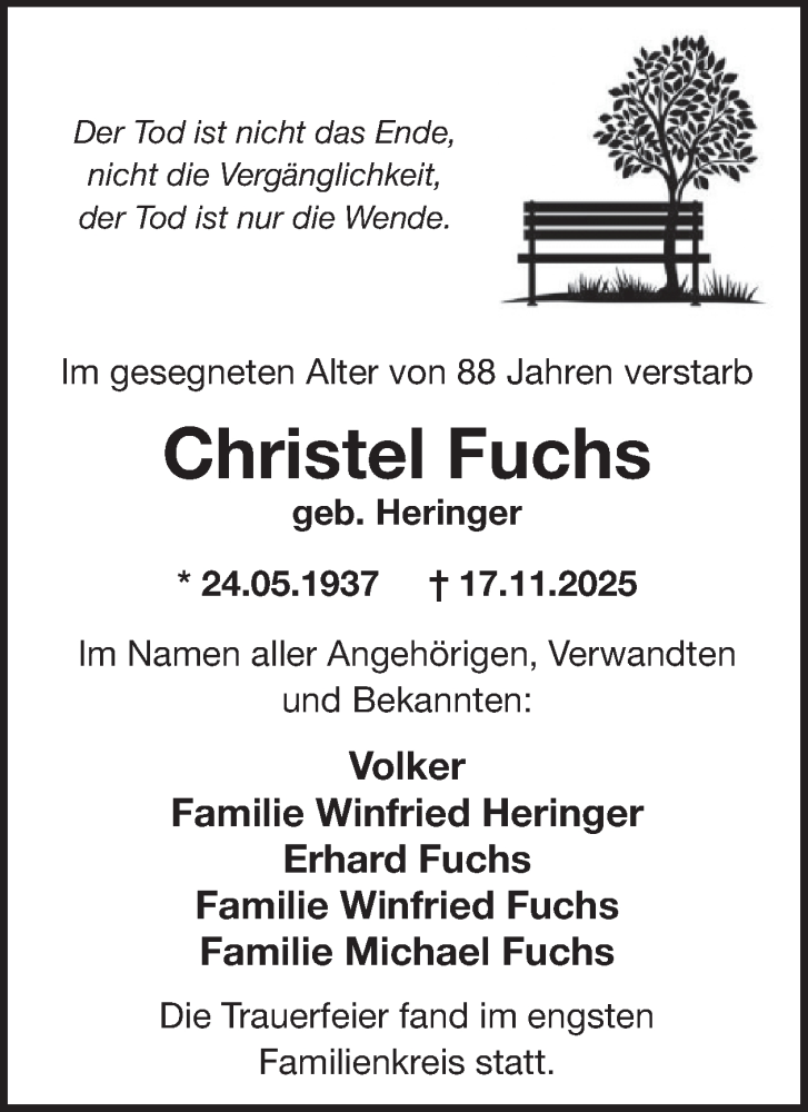  Traueranzeige für Christel Fuchs vom 29.11.2025 aus WochenSpiegel