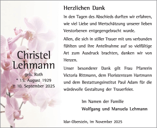Traueranzeige von Christel Lehmann von WochenSpiegel