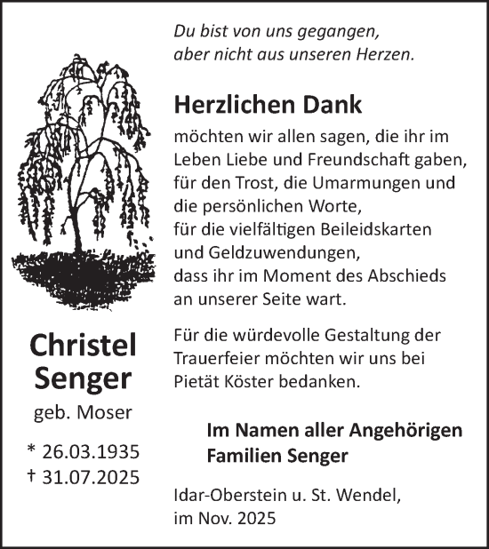 Traueranzeige von Christel Senger von WochenSpiegel