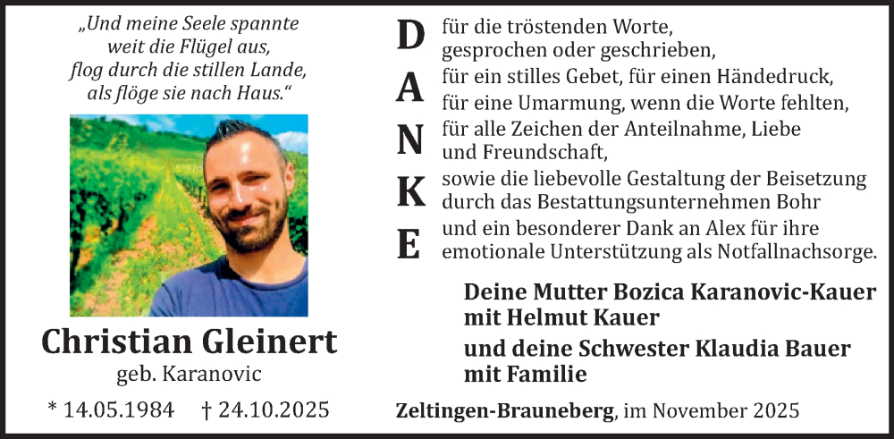  Traueranzeige für Christian Gleinert vom 21.11.2025 aus WochenSpiegel