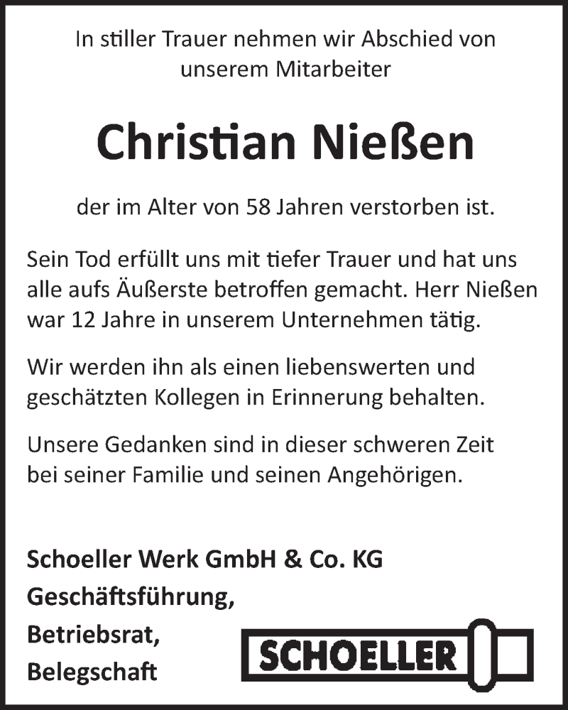  Traueranzeige für Christian Nießen vom 12.11.2025 aus WochenSpiegel