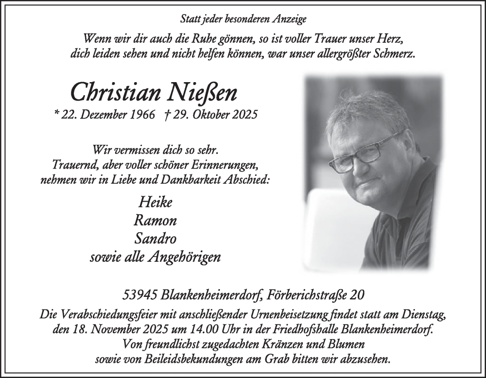  Traueranzeige für Christian Nießen vom 05.11.2025 aus WochenSpiegel