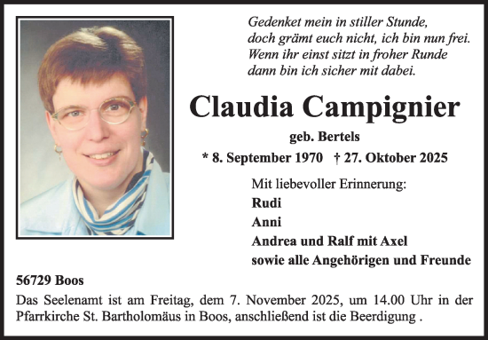 Traueranzeige von Claudia Campignier von WochenSpiegel