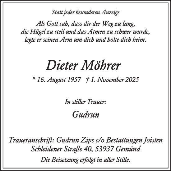 Traueranzeige von Dieter Möhrer von WochenSpiegel