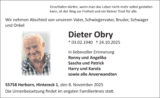 Traueranzeige von Dieter Obry von WochenSpiegel