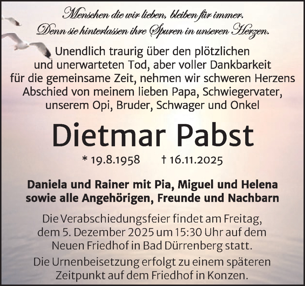  Traueranzeige für Dietmar Pabst vom 26.11.2025 aus WochenSpiegel