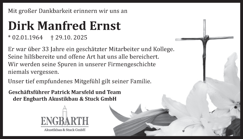 Traueranzeige für Dirk Manfred Ernst vom 08.11.2025 aus WochenSpiegel