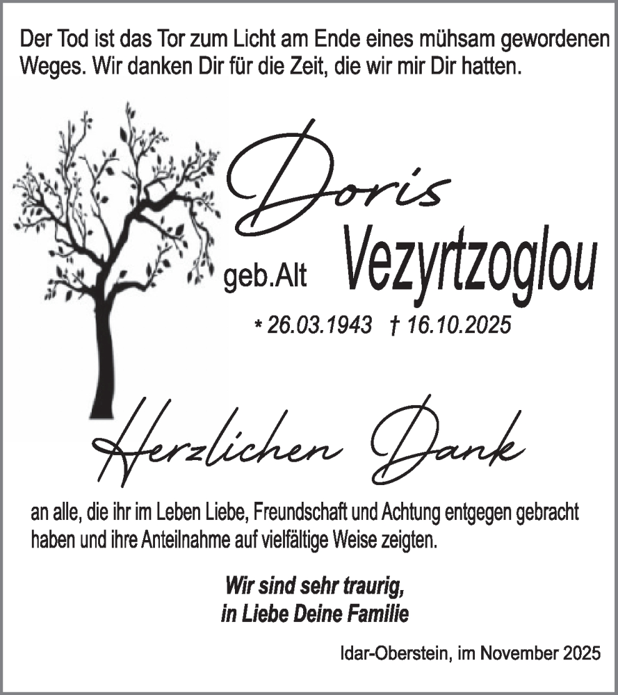  Traueranzeige für Doris Vezyrtzoglou vom 15.11.2025 aus WochenSpiegel