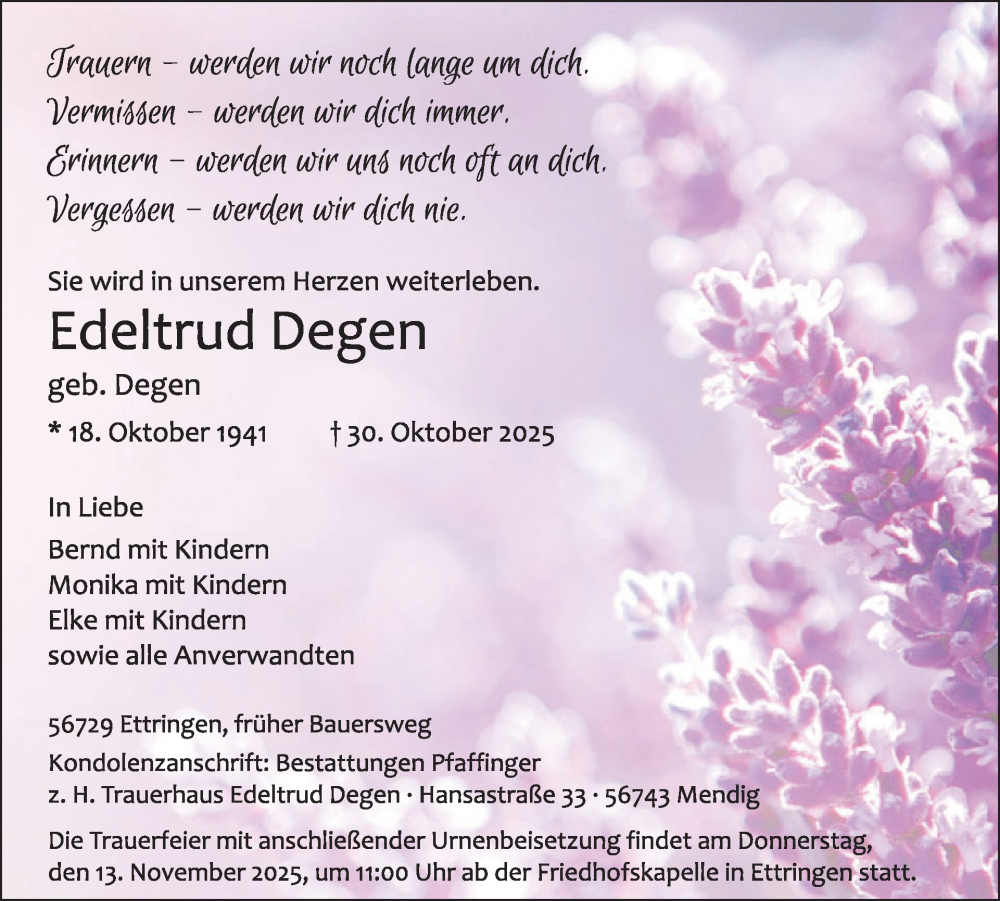  Traueranzeige für Edeltrud Degen vom 12.11.2025 aus WochenSpiegel