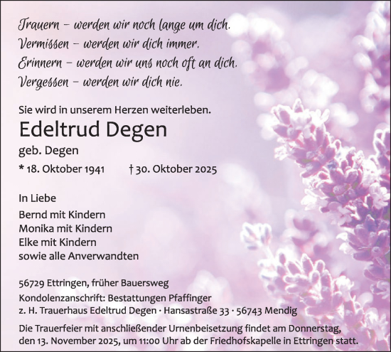 Traueranzeige von Edeltrud Degen von WochenSpiegel