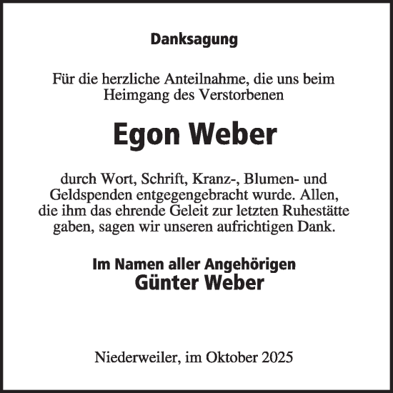 Traueranzeige von Egon Weber von WochenSpiegel