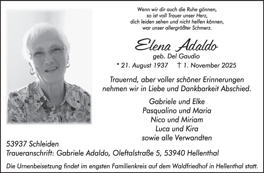  Traueranzeige für Elena Adaldo vom 12.11.2025 aus WochenSpiegel