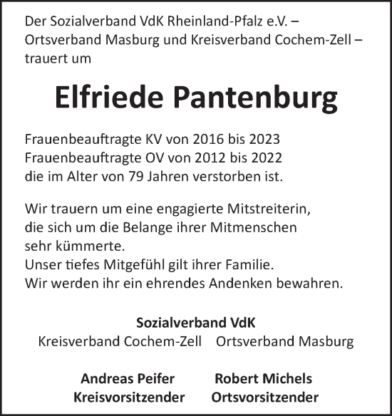 Traueranzeige von Elfriede Pantenburg von WochenSpiegel