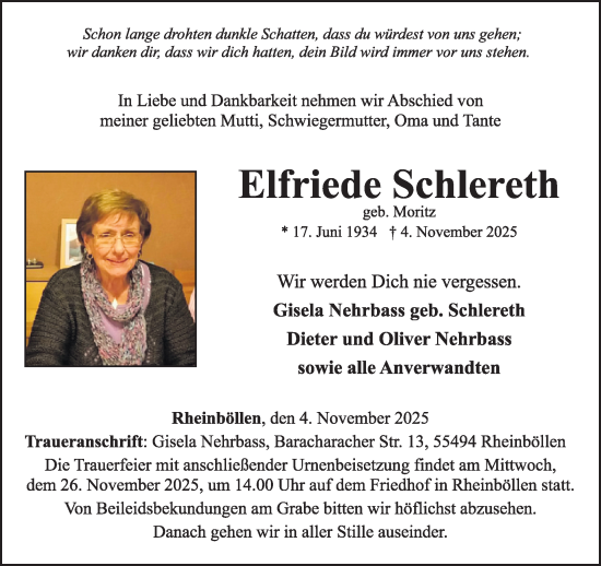 Traueranzeige von Elfriede Schlereth von WochenSpiegel