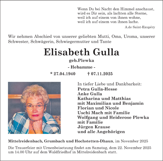 Traueranzeige von Elisabeth Gulla von WochenSpiegel