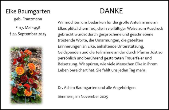 Traueranzeige von Elke Baumgarten von WochenSpiegel