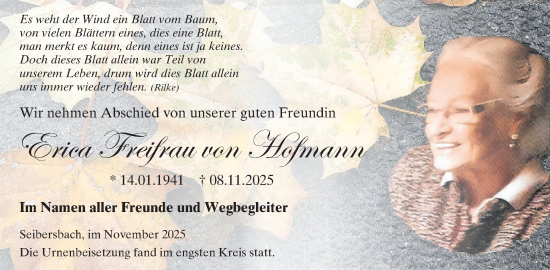 Traueranzeige von Erica Freifrau von Hofmann von WochenSpiegel