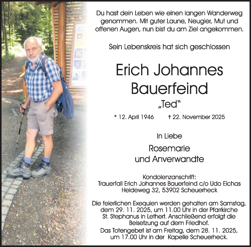  Traueranzeige für Erich Johannes Bauerfeind vom 26.11.2025 aus WochenSpiegel