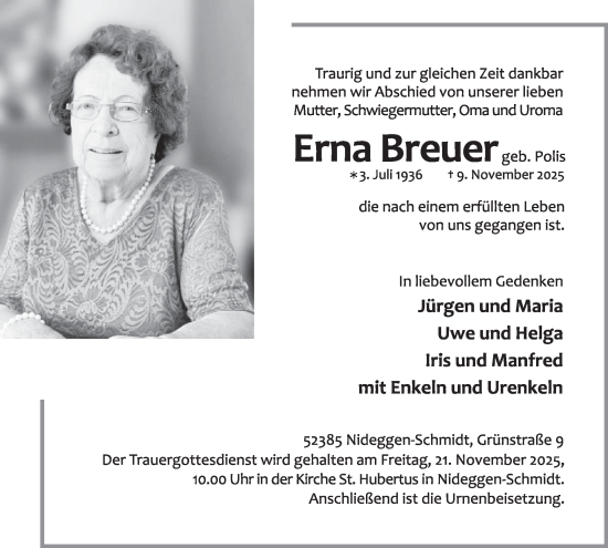 Traueranzeige von Erna Breuer von WochenSpiegel