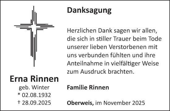 Traueranzeige von Erna Rinnen von WochenSpiegel