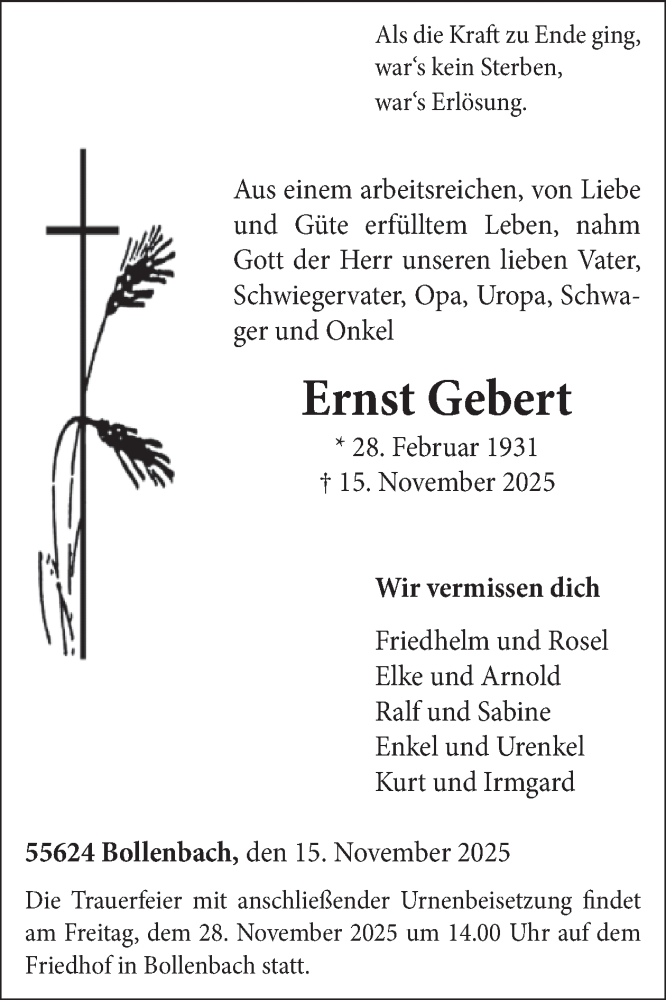  Traueranzeige für Ernst Gebert vom 22.11.2025 aus WochenSpiegel