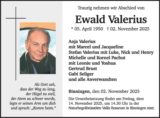 Traueranzeige von Ewald Valerius von WochenSpiegel