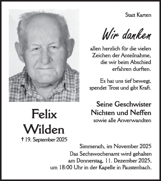 Traueranzeige von Felix Wilden von WochenSpiegel