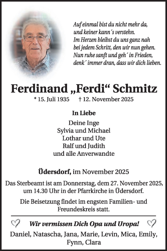 Traueranzeige von Ferdinand Schmitz von WochenSpiegel