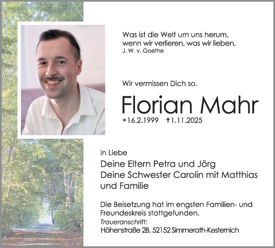 Traueranzeige von Florian Mahr von WochenSpiegel