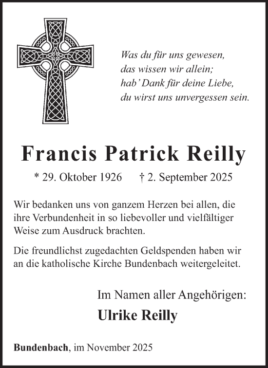 Traueranzeige von Francis Patrick Reilly von WochenSpiegel